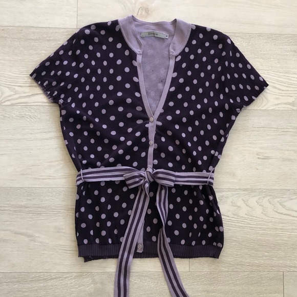 Silkwear Purple Polka Dot Buttoned V-Neck Belted Knit Cardigan Top Blouse - Picture 7 of 16